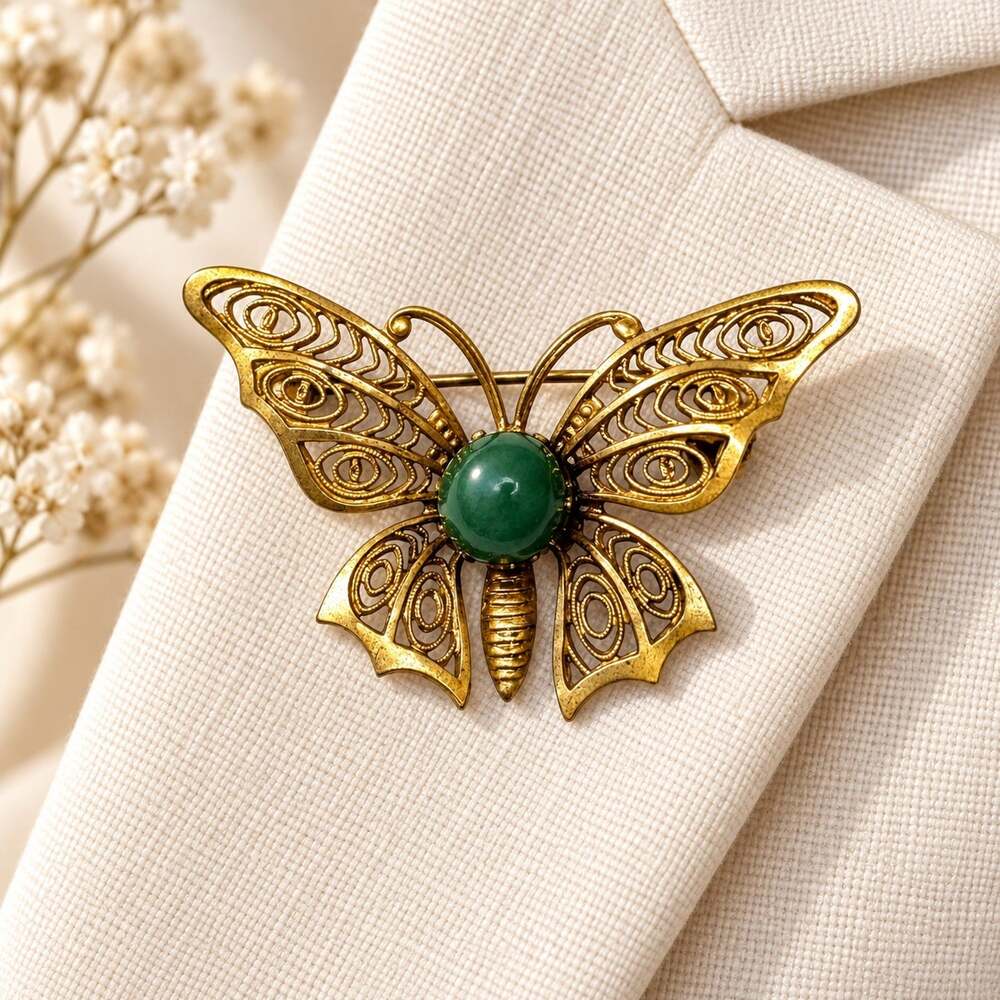 Vintage Sterling Germany Butterfly Brooch Jade Cabochon Gold Vermeil Filigree